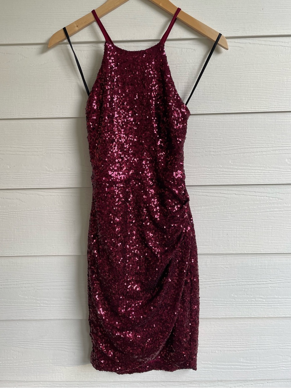 B Darlin Wine Sequin Halter Mini Dress